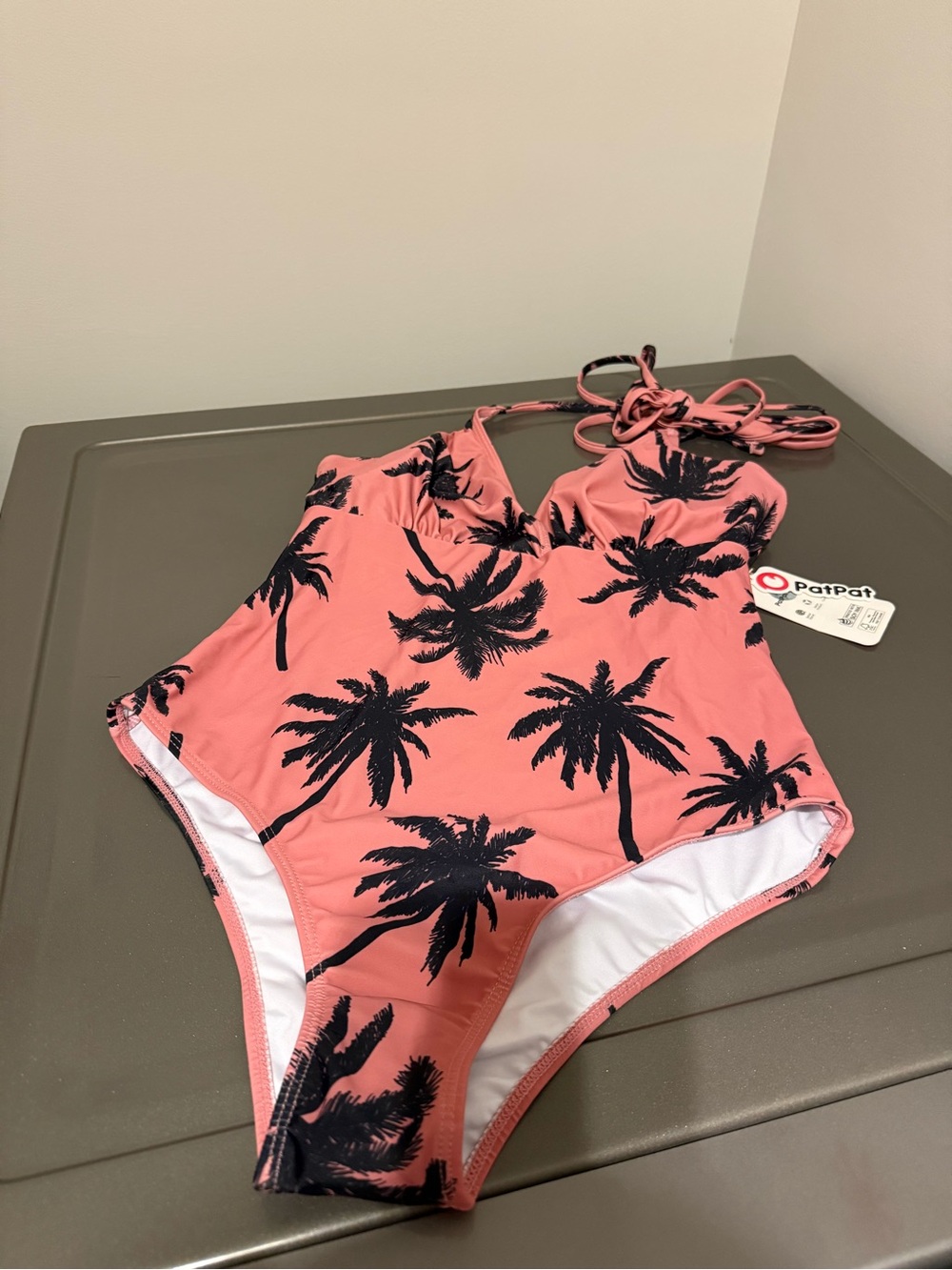 PatPat Coral Pink One-Piece Swimsuit with Black Palm Print
